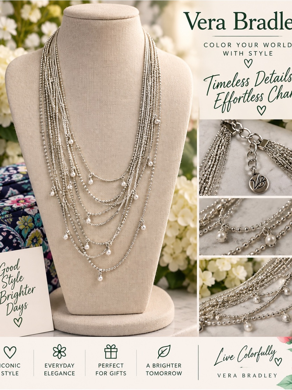 Vera Bradley Silver Multi-Strand Pearl Accent Necklace